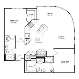 Floor Plan  A black and white image of a floor plan for a home with a living room, dining room, kitchen, and two bedrooms.
