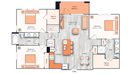 Floor Plan  A floor plan of a house with two bedrooms, a living room, a dining room, a kitchen, a bathroom, a pantry, and a patio.