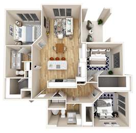Floor Plan  A 3D floor plan of a small apartment with a kitchen, living room, and bedrooms.