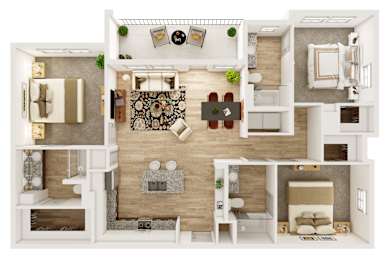 Floor Plan  A 3D floor plan of a house with a living room, kitchen, and two bedrooms.