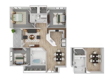 Floor Plan  A floor plan of a house with a kitchen, living room, and bedrooms.