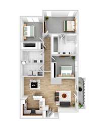 A floor plan of a house with a living room, kitchen, dining room, and bedrooms.