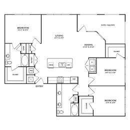 Floor Plan  A black and white image of a house floor plan with a living room, dining room, kitchen, and three bedrooms.