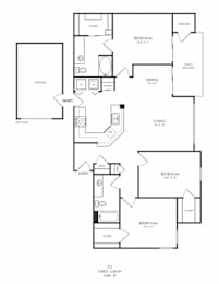 Floor Plan  A floor plan of a house with three bedrooms, a garage, a pantry, a dining area, a living room, a storage area, and a closet.