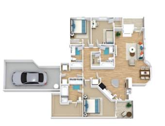 Floor Plan  A top-down view of a house layout with a car parked outside.