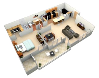 3d floor plan of a house with a bedroom and a living room