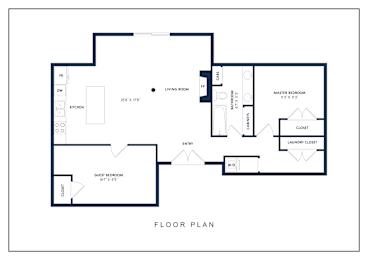 Floor Plan  A floor plan of a house with a living room, kitchen, dining room, master bedroom, and laundry closet.