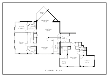 Floor Plan  A black and white floor plan of a house with a terrace, garden room, and two living rooms.