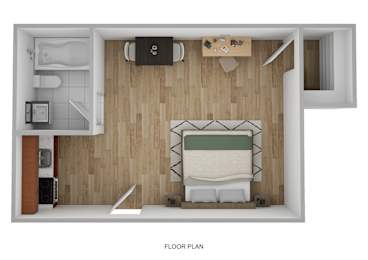 Floor Plan  a stylized floor plan of a room with a bedroom and a bathroom