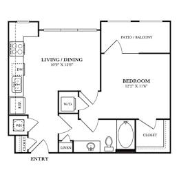Floor Plan  A black and white image of a floor plan for a home with a living/dining area, bedroom, and closet.