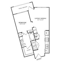 Floor Plan  A floor plan of a home with a living room, dining room, and bedroom.