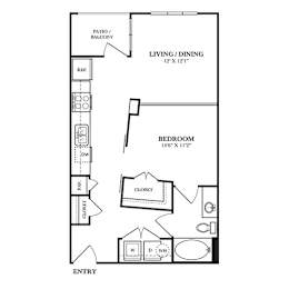 Floor Plan  A floor plan of a home with a living room, dining room, bedroom, and bathroom.