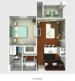 Floor Plan  A 1595 sqft apartment with a bedroom, living room, and kitchen.