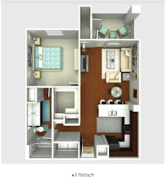 Floor Plan  A 3D floor plan of a small apartment layout.