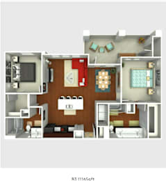 Floor Plan  A 3D rendered image of a small apartment layout.