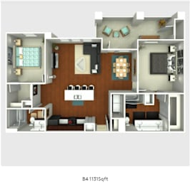 Floor Plan  A 3D floor plan of a residential apartment layout.