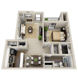 Floor Plan  A 3D floor plan of a house with a living room, dining room, kitchen, and two bedrooms.
