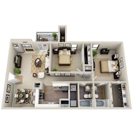 Floor Plan  A 3D floor plan of a house with a living room, kitchen, dining room, and bedrooms.
