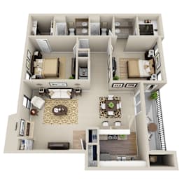Floor Plan  A 3D floor plan of a house showing a living room, kitchen, dining room, and bedrooms.