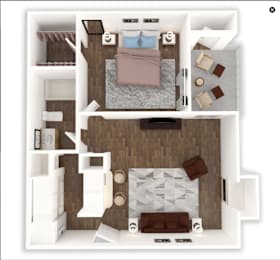 Floor Plan  A top-down view of a small apartment with a bed, couch, and kitchen area.