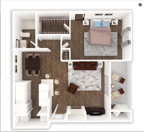 Floor Plan  A top-down view of a small apartment with a bedroom, living room, and kitchen.