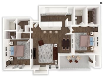 Floor Plan  A 3D floor plan of a house with a kitchen, living room, and two bedrooms.