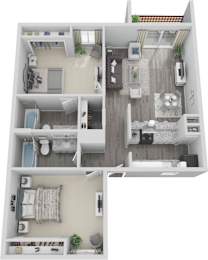 Floor Plan  A 3D floor plan of a small apartment with two bedrooms, a living room, a kitchen, and a bathroom.