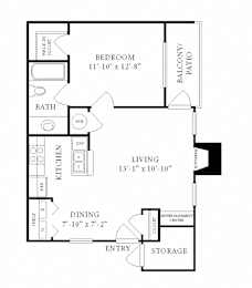 Floor Plan  A black and white image of a floor plan for a small apartment.