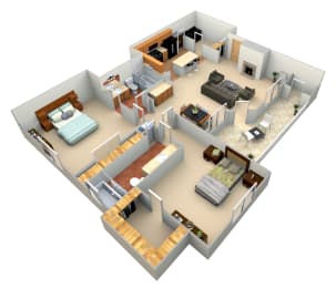 3d floor plan of a home with a bedroom and living room