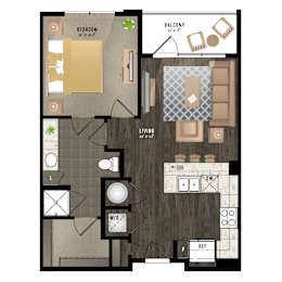 Floor Plan  A floor plan of a house with a balcony, living room, dining area, and kitchen.