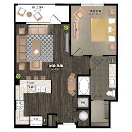 Floor Plan  A floor plan of a house with a living room, bedroom, and balcony.