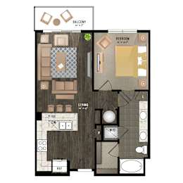 Floor Plan  A floor plan of a living space with a balcony, bedroom, and living room.