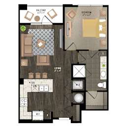 Floor Plan  A floor plan of an apartment with a balcony, living room, dining room, kitchen, and bathroom.