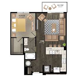 Floor Plan  A floor plan of a balcony, bedroom, and living room.