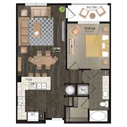 Floor Plan  A floor plan of a living space with a balcony, bedroom, and bathroom.