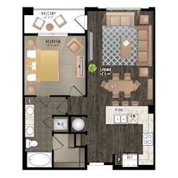 Floor Plan  A floor plan of a living space with a balcony, bedroom, and living room.