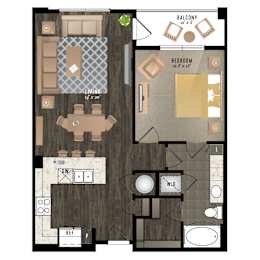 Floor Plan  A floor plan of a house with a balcony, bedroom, living room, and bathroom.