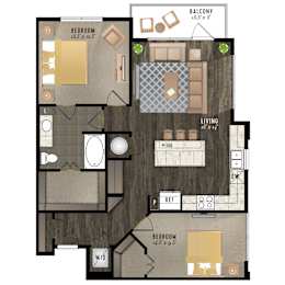 Floor Plan  A floor plan of a house with a balcony, living room, and two bedrooms.