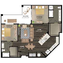 Floor Plan  A floor plan of a house with a living room, dining room, two bedrooms, a balcony, and a kitchen.