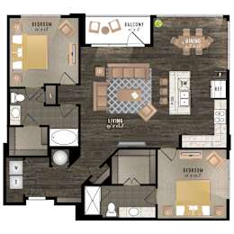 Floor Plan  A floor plan of an apartment with two bedrooms, a living room, a dining room, a balcony, and a kitchen.