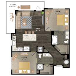 Floor Plan  A floor plan of a house with a balcony, living room, dining room, kitchen, and three bedrooms.