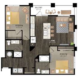 Floor Plan  A floor plan of a house with a balcony, two bedrooms, a living room, a dining room, a kitchen, a laundry room, and a study.