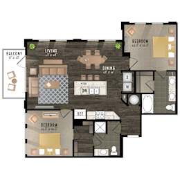 Floor Plan  A floor plan of a house with a living room, dining room, two bedrooms, and a balcony.