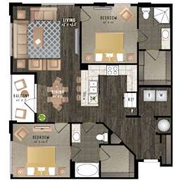 Floor Plan  A floor plan of a house with a living room, two bedrooms, a dining room, a kitchen, a balcony, and a den.