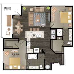 Floor Plan  A floor plan of a balcony apartment with two bedrooms, a living room, a dining room, a kitchen, and a bathroom.