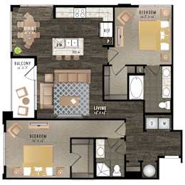 Floor Plan  A floor plan of a house with a balcony, two bedrooms, a living room, a dining room, a kitchen, and a reference room.