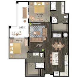 Floor Plan  A floor plan of an apartment with three bedrooms, a living room, a dining room, a kitchen, and a balcony.