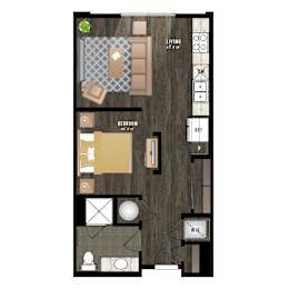 Floor Plan  A floor plan of a living room, bedroom, and bathroom.