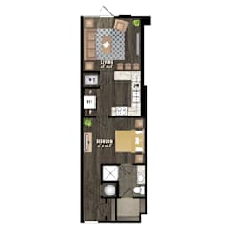 Floor Plan  A floor plan of a small apartment with a living room, dining room, and bedroom.
