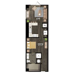 Floor Plan  A floor plan of a small apartment with a living area, kitchen, and bedroom.